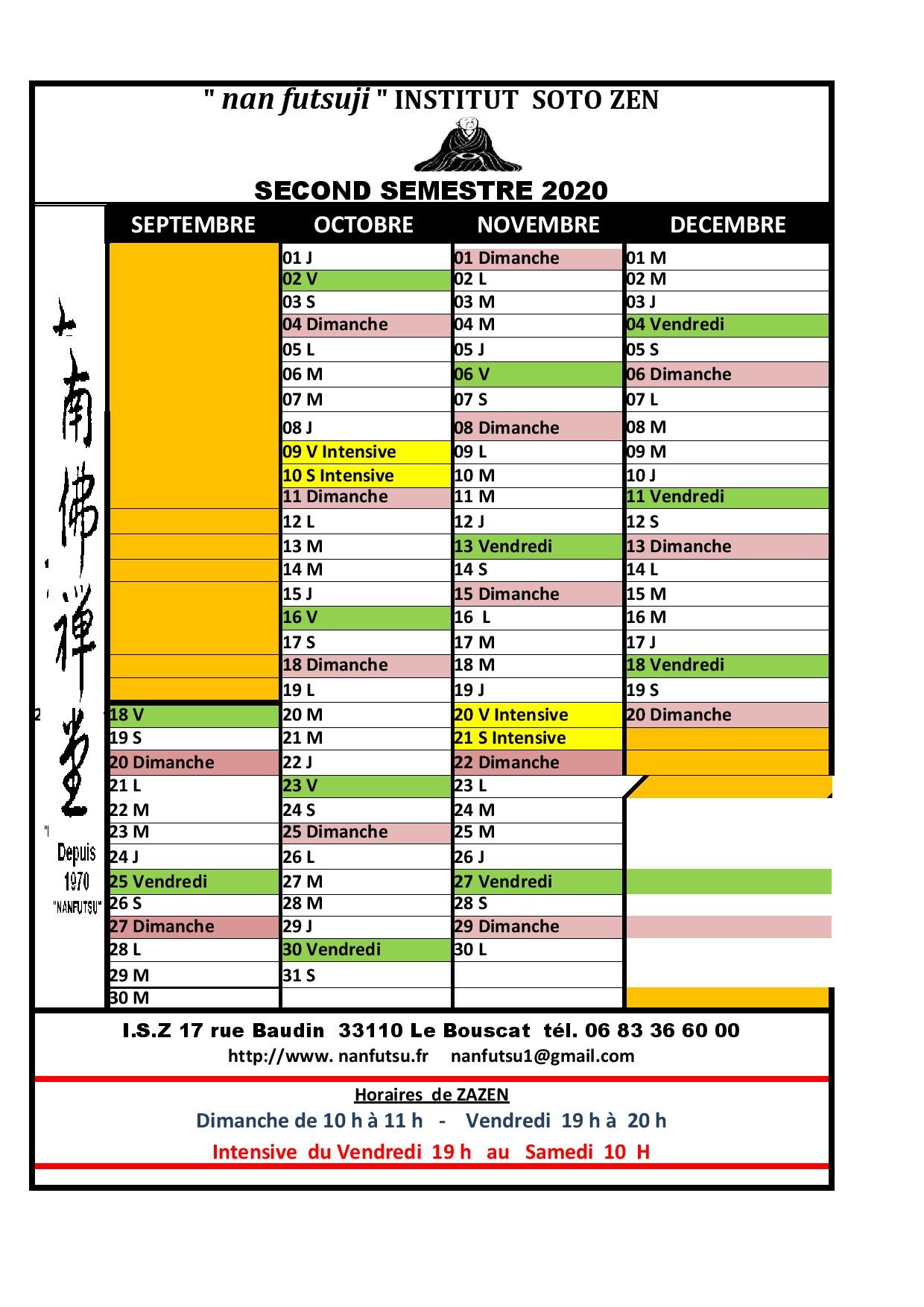 Calendrier second semestre 2020